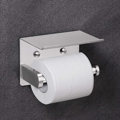 VAEHOLD Self Adhesive Toilet Paper Holder with Phone Shelf Stainless Steel Wall Mounted Toilet Paper Roll Holder - Rustproof and Bathroom Washroom Tissue Roll Holder with Shelf - Black