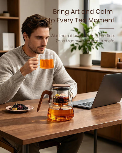 ZENS Magnetic Glass Infuser Teapot for Loose Tea, 27oz Walnut Wood Handle | Magic Teapot with Infuser, Echanted Tea Maker, Mess-Free Loose Leaf Tea Diffusers for Tea lover Gifts