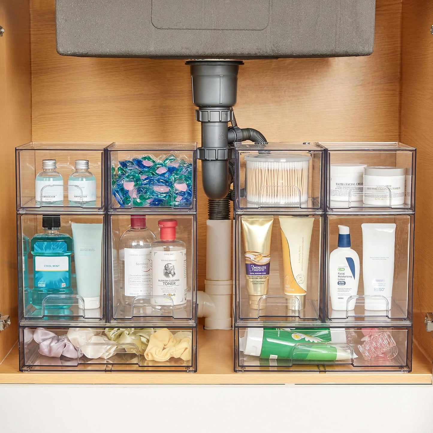 Vtopmart Clear Stackable Storage Drawers Set of 6, Plastic Organizer Bins | Multi-purpose Boxes for Bathroom Accessories Storage, Ideal for Cabinet, Shelf, Pantry, Laundry Room Organization