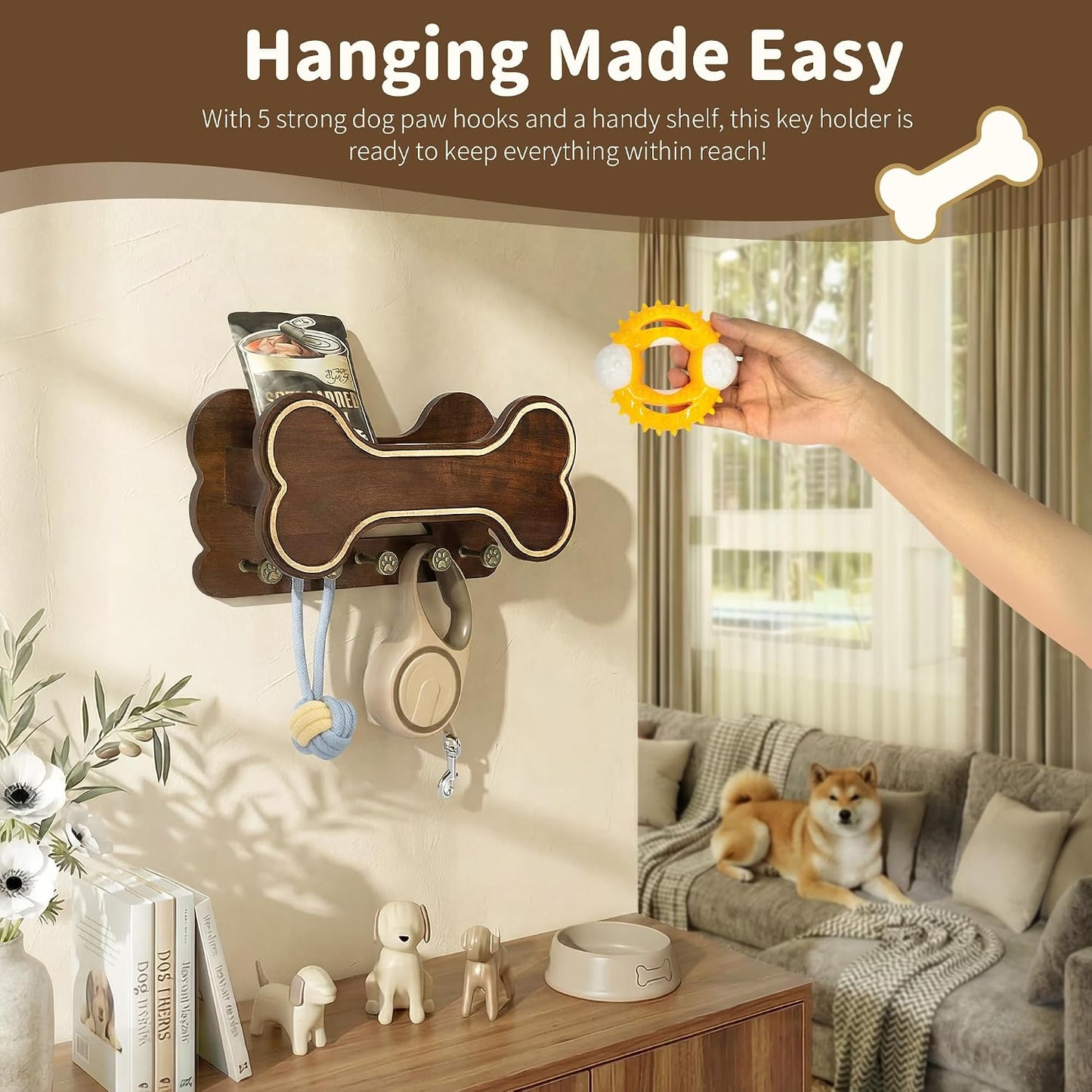 MTERSN Dog Leash Holder for Wall with Key Hooks for Dog Gear Storage, Brown | 3D Puppy Paw Hooks, Doggie Bone Shape, Key Rack with 5 Hooks, Wall Shelf for Treats & Dog Food, Ideal for Wall Decor
