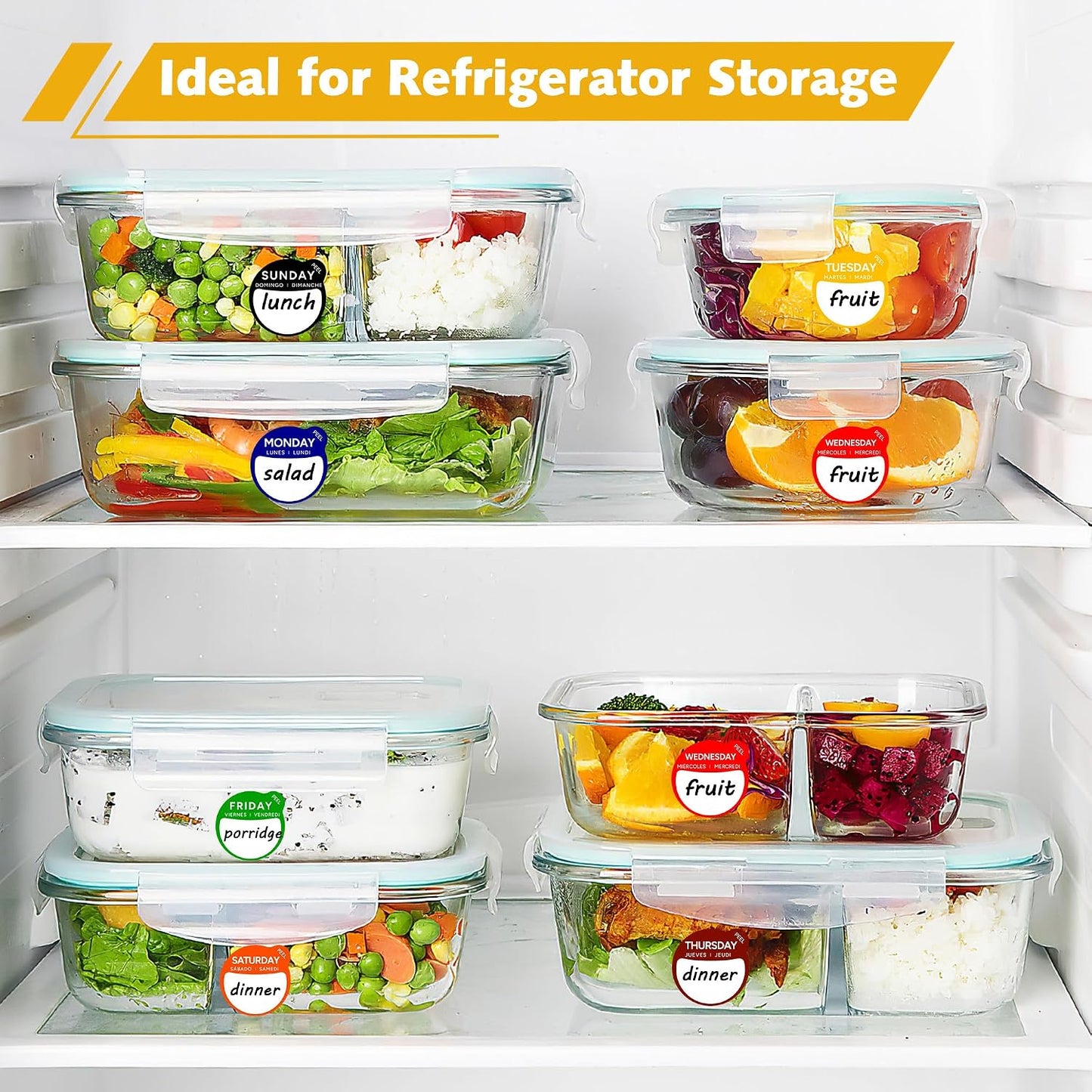 1680 Pcs 1" Square Day of The Week Labels, Removable & Writable Food Stickers in English/Español/Français for Restaurant Kitchen Containers and Inventory Management (Inches, 1 x 1)
