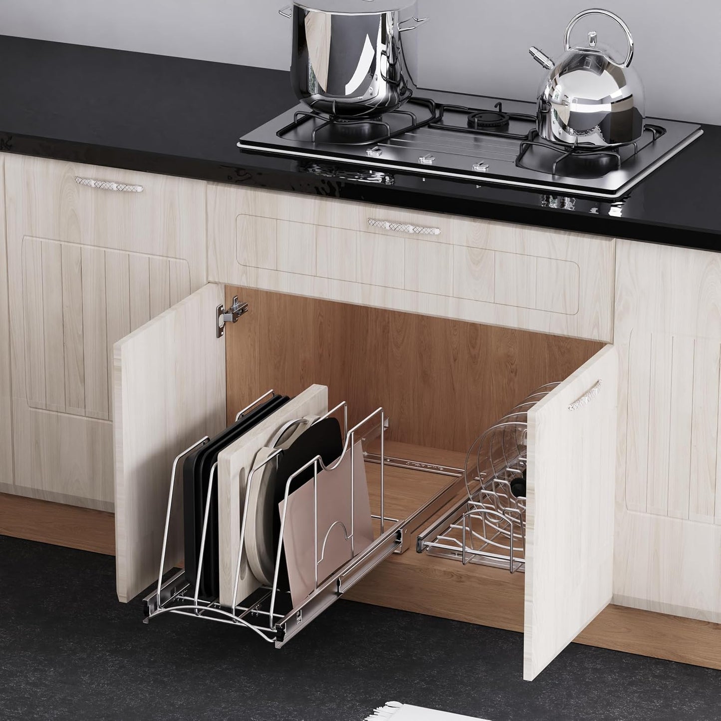 Pull Out Cookie Sheet Organizer, 10" W x 22" D x 11" H, Chrome | For Cabinet, Pan and Pot, Cutting Board, Bakeware, Tray Organizer Rack, Sliding Rack- Heavy Duty, Adjustable Divider Width