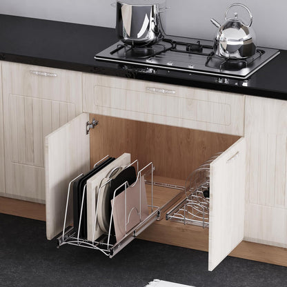 Pull Out Cookie Sheet Organizer, 10" W x 22" D x 11" H, Chrome | For Cabinet, Pan and Pot, Cutting Board, Bakeware, Tray Organizer Rack, Sliding Rack- Heavy Duty, Adjustable Divider Width