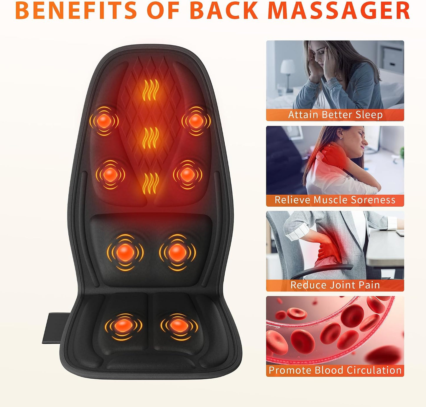 Vibration Massage Seat Cushion with Lumbar Heat, 8-Motor Back and Seat Massager Pad, Manual Lumbar Support, 9 Modes and 3 Intensities for Office Chair, Sofa and Recliner