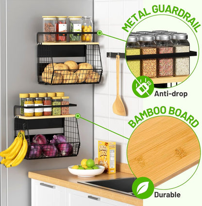 Magnetic Shelf for Fridge with Wood Lid, Fruit Potato and Onion Storage Bins, Pantry Organizers & Storage, Large Container Magnetic Spice Rack for Refrigerator, Kitchen Counter, Cabinet | Strong magnet holds 50lbs, ventilated bin for produce, versatile