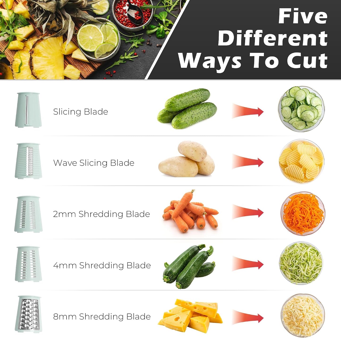 Rotary Cheese Grater Manual Hand Crank with 5 Blades & Suction Base, Kitchen Vegetable Shredder Slicer for Veggie, Nuts, Fruit, Cream
