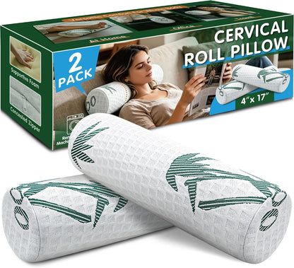 Asatdd Neck Roll Pillow, 2 Pack Foam Cervical Roll Pillow with Breathable Cover for Office Chair, Recliner Rest, and Home and Travel Use, 4" x 17"