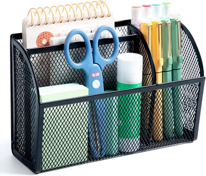 M&G Magnetic Pen Holder Dry Erase Marker Holder, Strong Magnet Metal Mesh Pencil Holder for Whiteboard, Refrigerator and Locker, 3 Compartments Magnetic Basket Organizer, Black