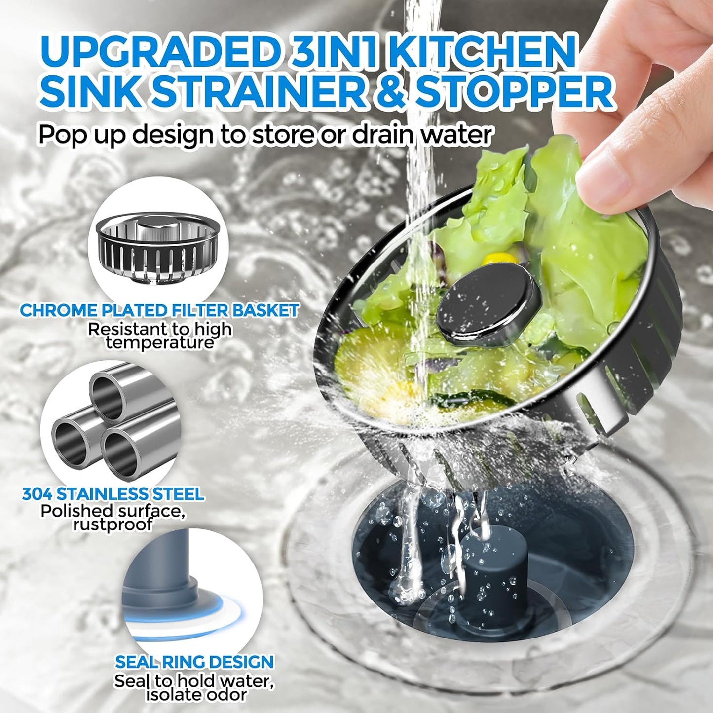 3 in 1 Kitchen Sink Drain Strainer Stopper Removable Basket Pop-Up | Kitchen Sink Food Strainer 1 Pack Silver Stainless - Food Catcher, Odor-Block Seal, Fits 3.5" Drain, Easy Clean
