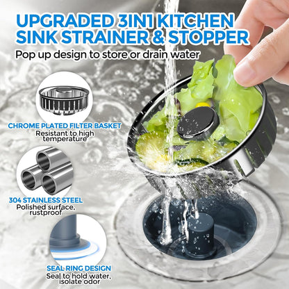 3 in 1 Kitchen Sink Drain Strainer Stopper Removable Basket Pop-Up | Kitchen Sink Food Strainer 1 Pack Silver Stainless - Food Catcher, Odor-Block Seal, Fits 3.5" Drain, Easy Clean