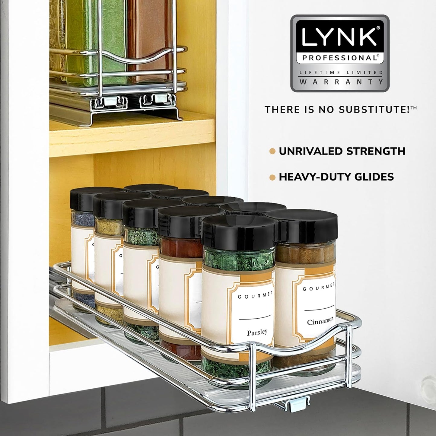 LYNK PROFESSIONAL® Pull Out Spice Organization for Cabinets - 4-3/8 inch Wide – Spice Rack for Inside Cabinets, Slide Out Spice Rack Organizer for cabinet – Pull Out Spice Rack, Sliding 2 Tier Chrome