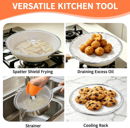 Splatter Screen for Frying Pan, 3-Pack 10" 11.5" 13" 304 Steel | Silicone oven mitts and foldable handle included. Dishwasher safe 304 stainless steel splash guard fits most pans.