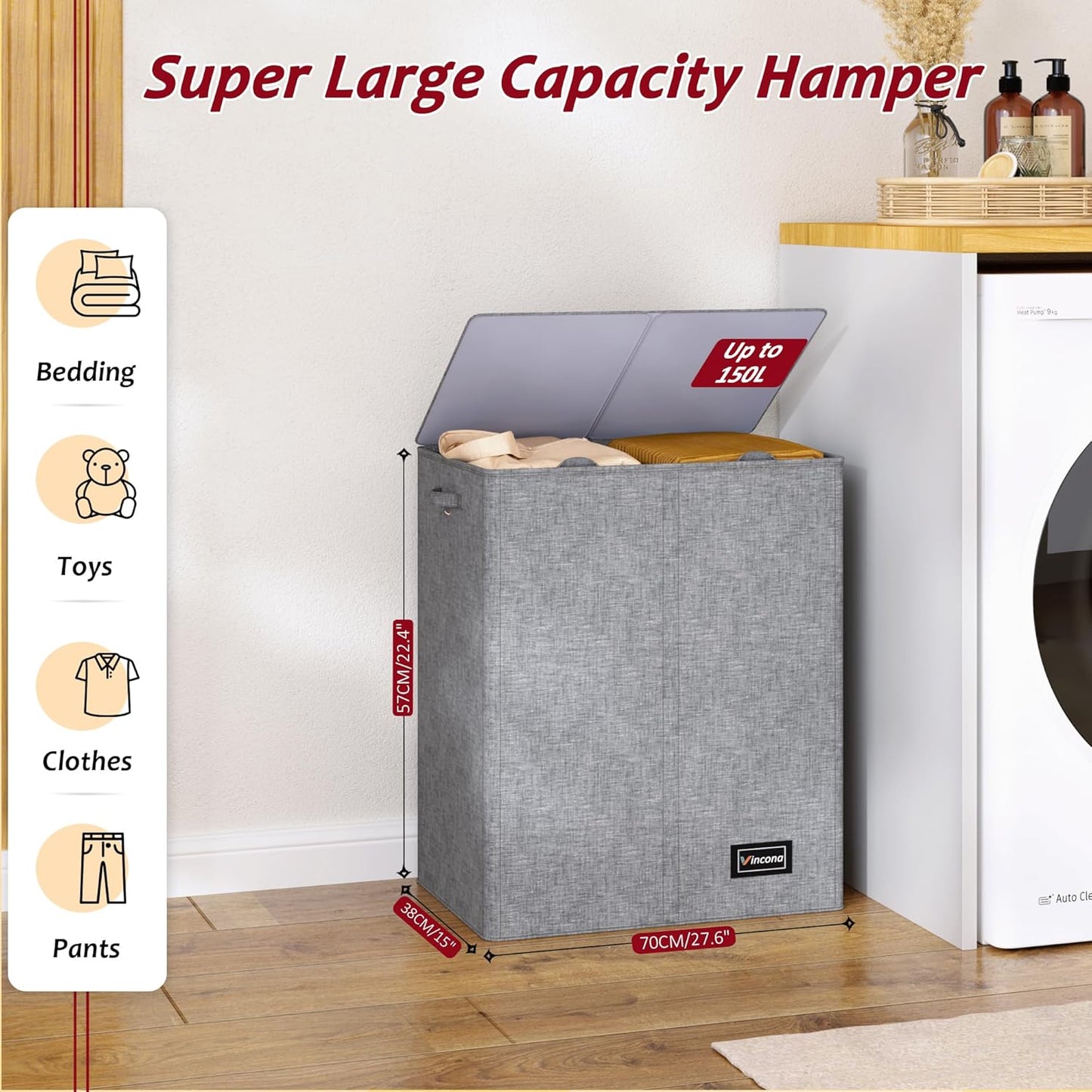 195L Laundry Hamper 3 Section,Large Laundry Hamper with Lid,Dirty Clothes Hamper with 3 Inner Bags,Collapsible Laundry Basket Organizer for Laundry Room,Bedroom,Laundry Sorter Hamper 3 Compartment