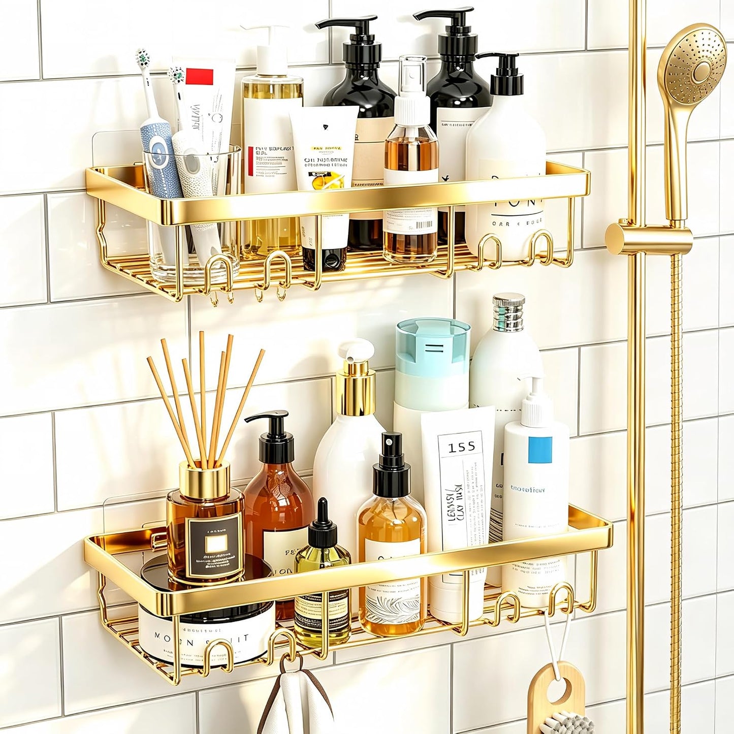 Moforoco Shower Caddy Shelf Organizer Rack, Self Adhesive Black Bathroom Shelves Basket, Home Farmhouse Wall Inside Organization and Storage Decor Rv Accessories, First Camper Apartment Essentials