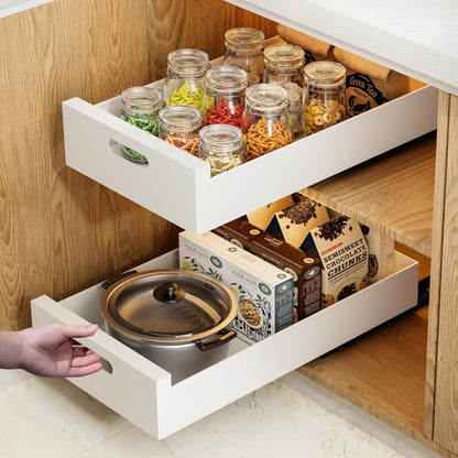 HBL' 1 Pack | 21" Deep Pull Out Cabinet Organizer Adhesive, 10-Inch Wide Sturdy Carbon Steel Roll-Out Drawers, Designed for Frameless Cabinets, Slide-Out Shelves for Pantry.