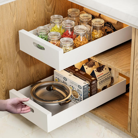 HBL' 1 Pack | 21" Deep Pull Out Cabinet Organizer Adhesive, 10-Inch Wide Sturdy Carbon Steel Roll-Out Drawers, Designed for Frameless Cabinets, Slide-Out Shelves for Pantry.