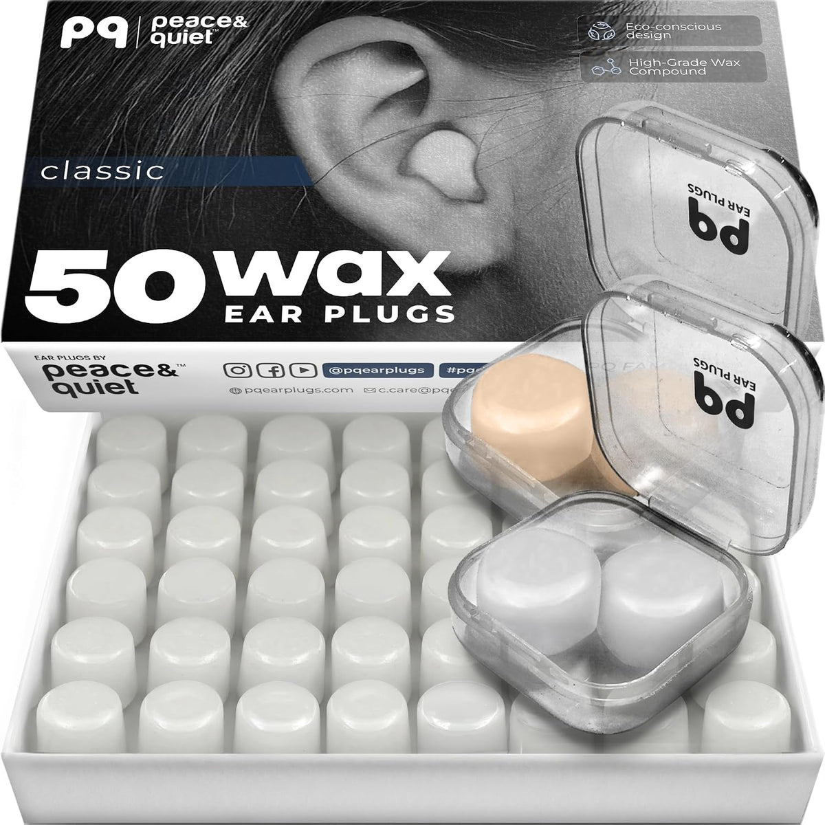 Peace&Quiet PQ Wax Ear Plugs for Sleeping - 50 Silicone Wax Earplugs