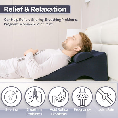 Lavish Home 8in Wedge Pillow - Bed Wedge Pillow for Sleeping - Memory Foam Wedge Pillow for Back Pain Relief, Snoring, and Acid Reflux - Bed Wedge with Half-Moon Pillow and Washable Covers (Navy)