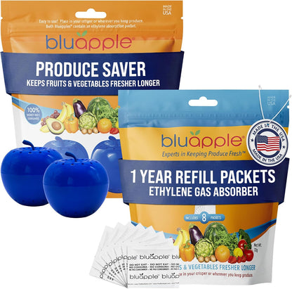 Bluapple Produce Saver Ethylene Gas Absorber - Fresh Fruit & Vegetable Storage for Refrigerator Crisper, Shelves & Fruit Bowls, Produce Keeper, Fruit Saver, Kitchen Must Haves, BPA-Free - 2-Pack