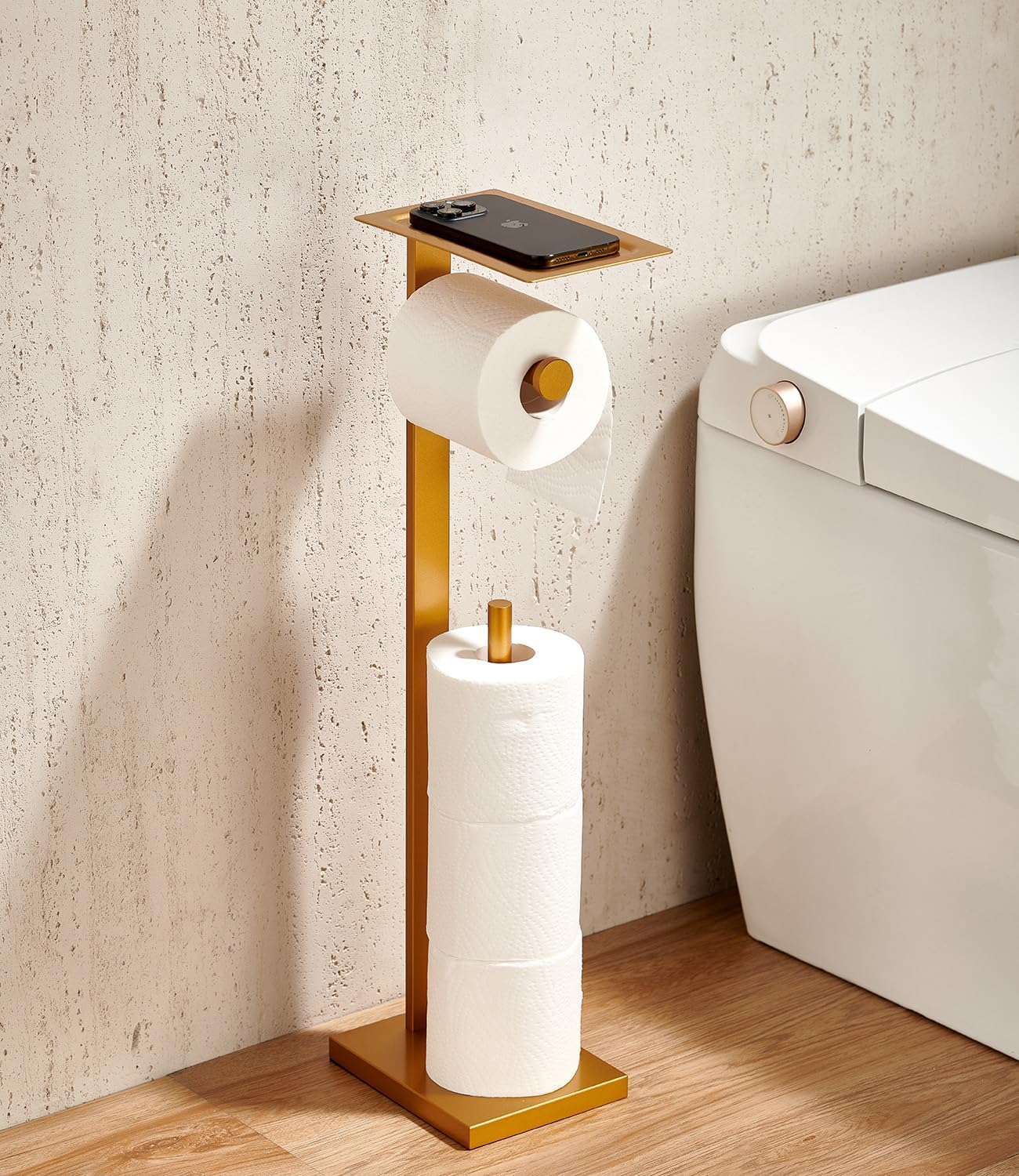 Miyili Matte Black Freestanding Toilet Paper Holder with Shelf, Premium SUS 304 Stainless Steel Bathroom Storage Organizer & Paper Towel Dispenser