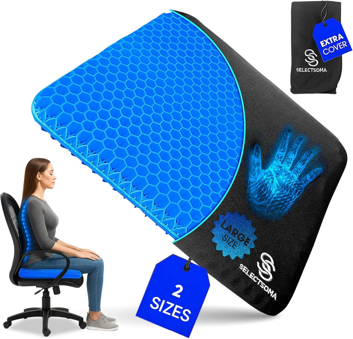SelectSoma Gel Seat Cushion for Long Sitting, Pressure Relief for Sciatica, Tailbone, Coccyx & Back Pain, Office Chair, Wheelchair, Car & Truck – Standard Size Blue Gel