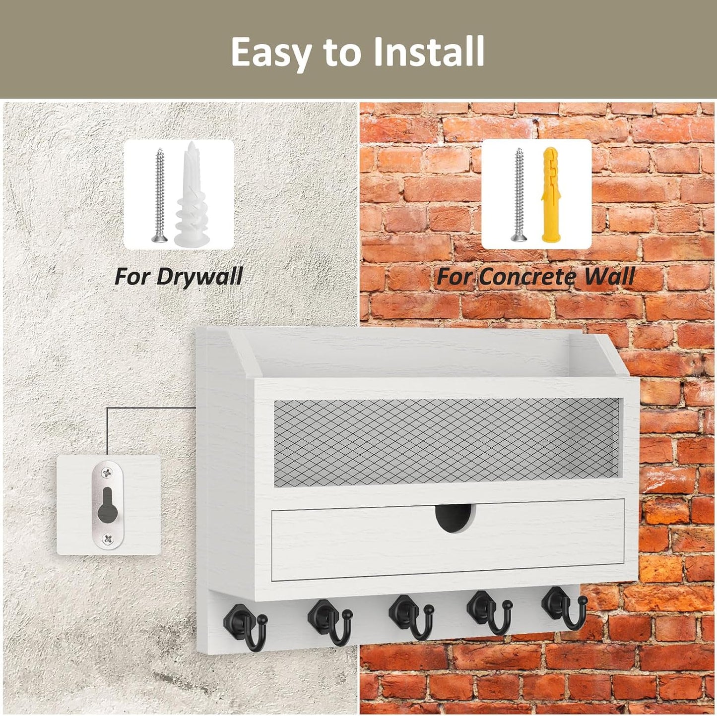 Nekon Key and Mail Holder for Wall, Key Organizer with Drawer, White | 11"W x 7.9"H x 3.1"D Wooden Key Rack with 5 Hooks, Mail Organizer for Home Decor