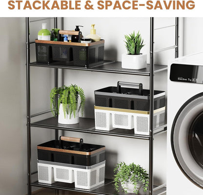 BYUNER Portable Cleaning & Shower Caddy with Handle: Rigid Plastic Basket with 4 Divided Compartments, All-Side Drainage for College Dorm, Bathroom & Utility Use, Black/Gold