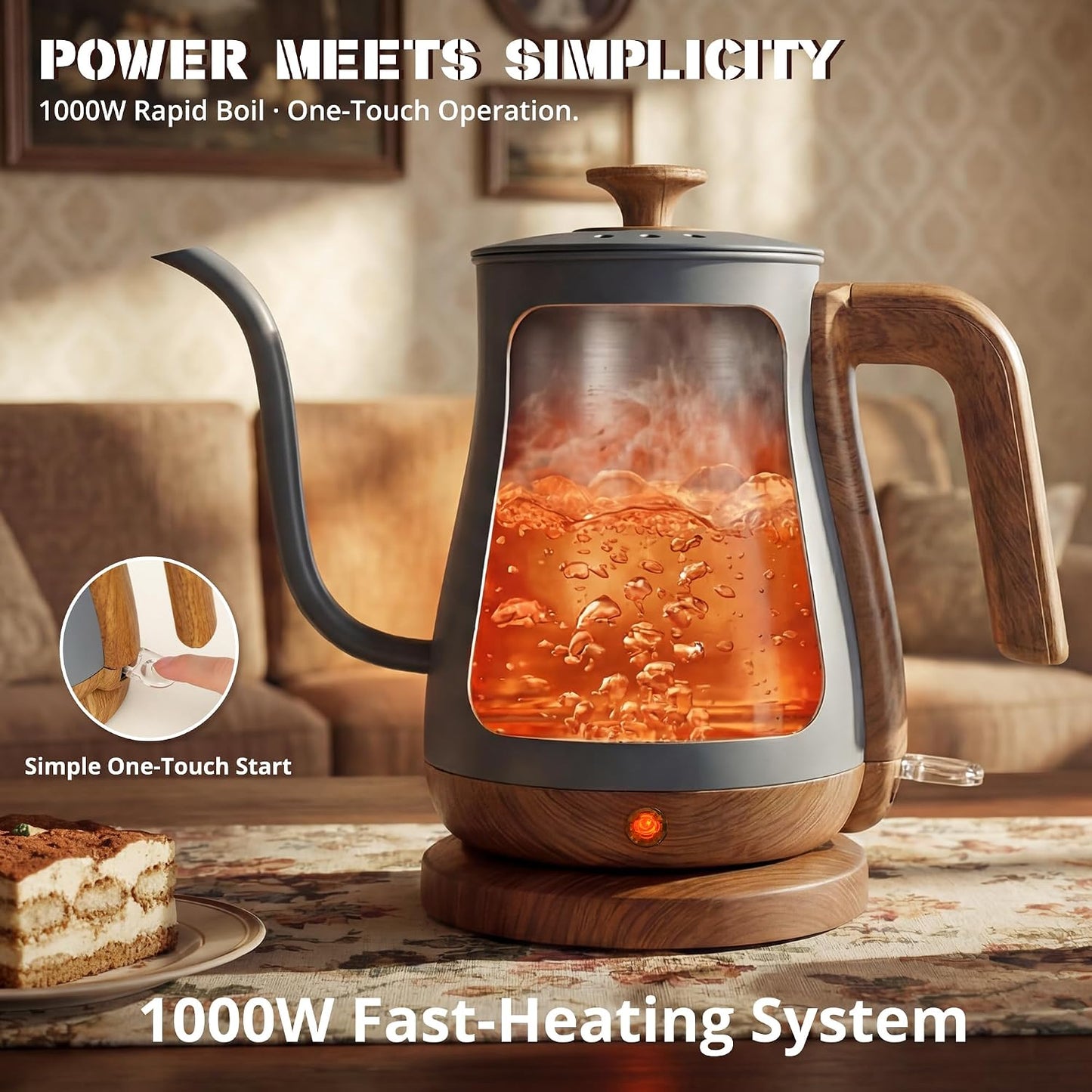 Gooseneck Electric Kettle, 0.8 L, 1000 W, Auto Shut-Off, Light Green | Compact 0.8 L Kettle With Stainless Steel Interior, Gooseneck Pour, Wood-Grain Handle, Auto Shut-Off And Boil-Dry Protection