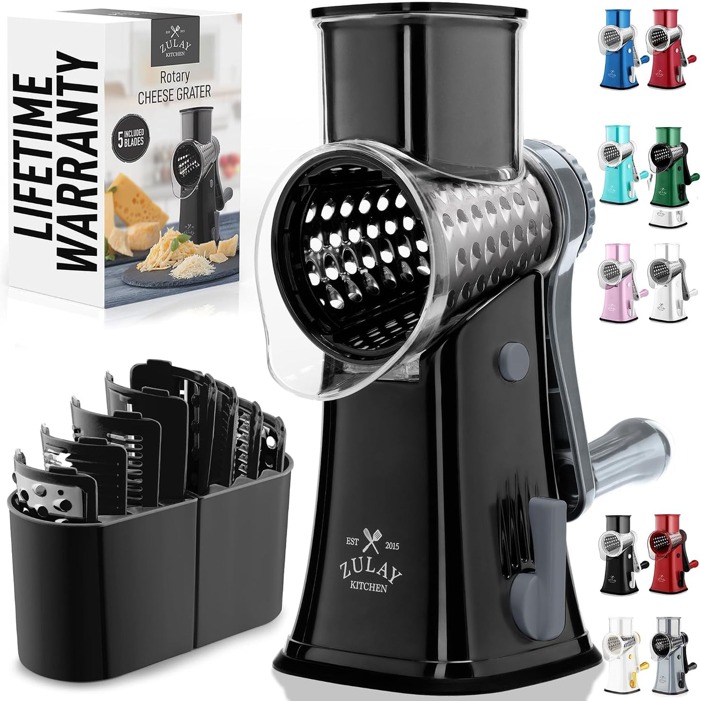 Zulay Kitchen Rotary Cheese Grater 5 Blade Cheese Shredder - Manual Hand Crank Cheese Grater With Reinforced Suction & 5 Interchangeable Drums - Easy to Use, Vegetable Chopper Round Mandoline Slicer - Colors B