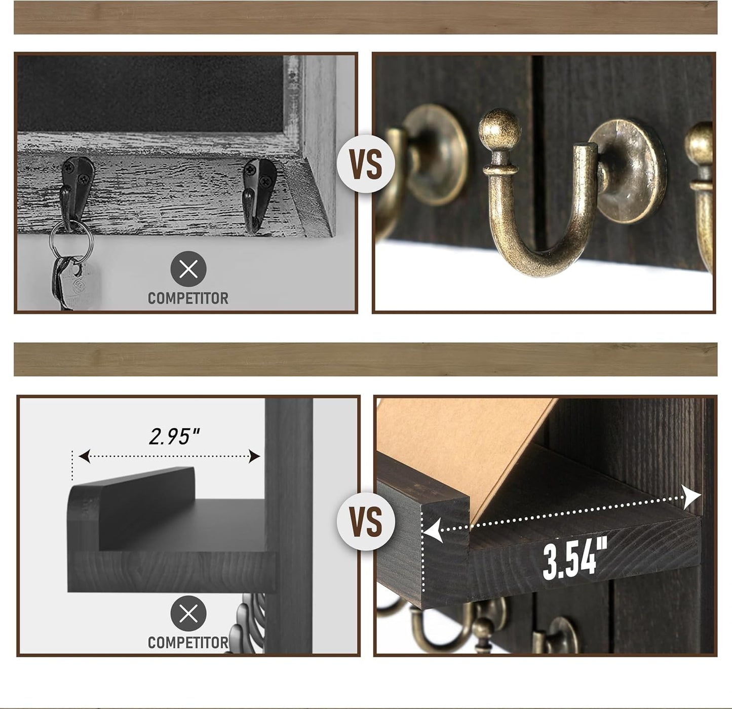Rebee Vision Key Holder Wall Mount with 5 Key Hooks for Home Decor, Brown | 3.54'' x 10'' x 7.28'', Small Shelf for Display Plant, Key Hangers for Hat, Entryway Space-Saving Storage