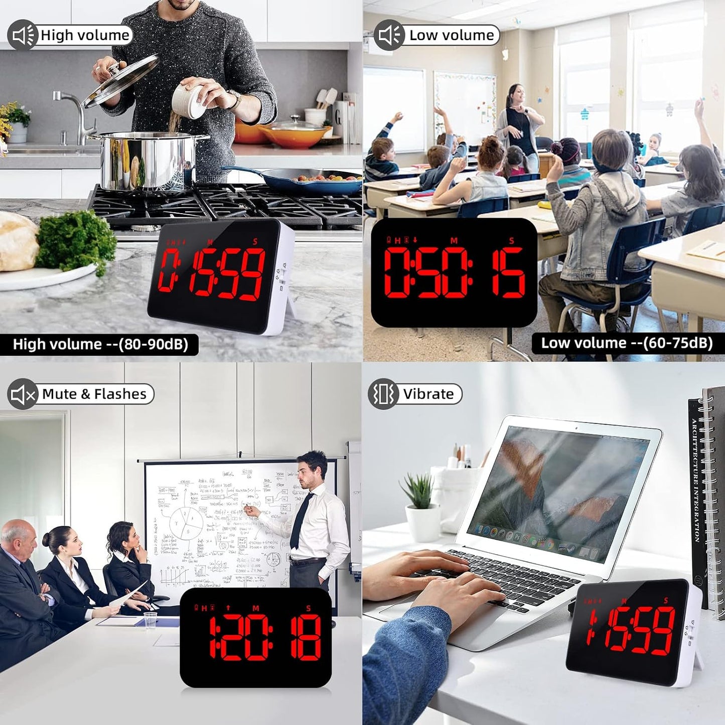 PERSUPER Kitchen Digital Timer, Count Down Up, Rechargeable, Vibration Mode | Adjustable Volume and Brightness LED Display, Time Management Cook, Desk, Kids Adults Study Teaching, Kitchen Gadgets RGB ﻿