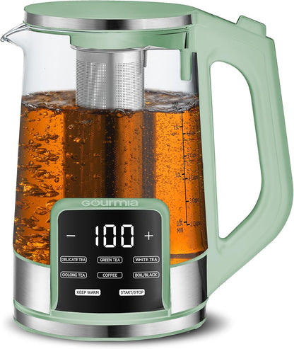 Gourmia Electric Glass Kettle – 1.7L Programmable Tea & Coffee Brewer with Digital Touch Display, 6 Presets, Removable Stainless Steel Infuser, Cordless with 360° Swivel Base, Black