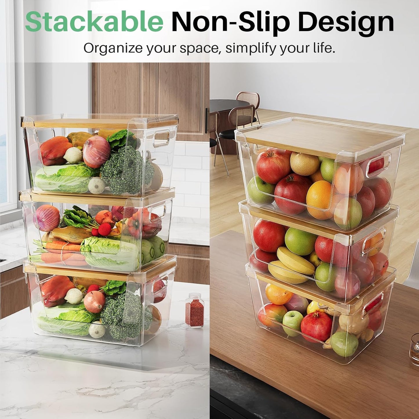 2 Set Pantry Organizer and Stackable Storage Kitchen,Sturdy and Durable Storage Basket for Potato, Onion, Garlic, Fruit, Vegetable, Produce, Clear Plastic Storage with Lid&Handle