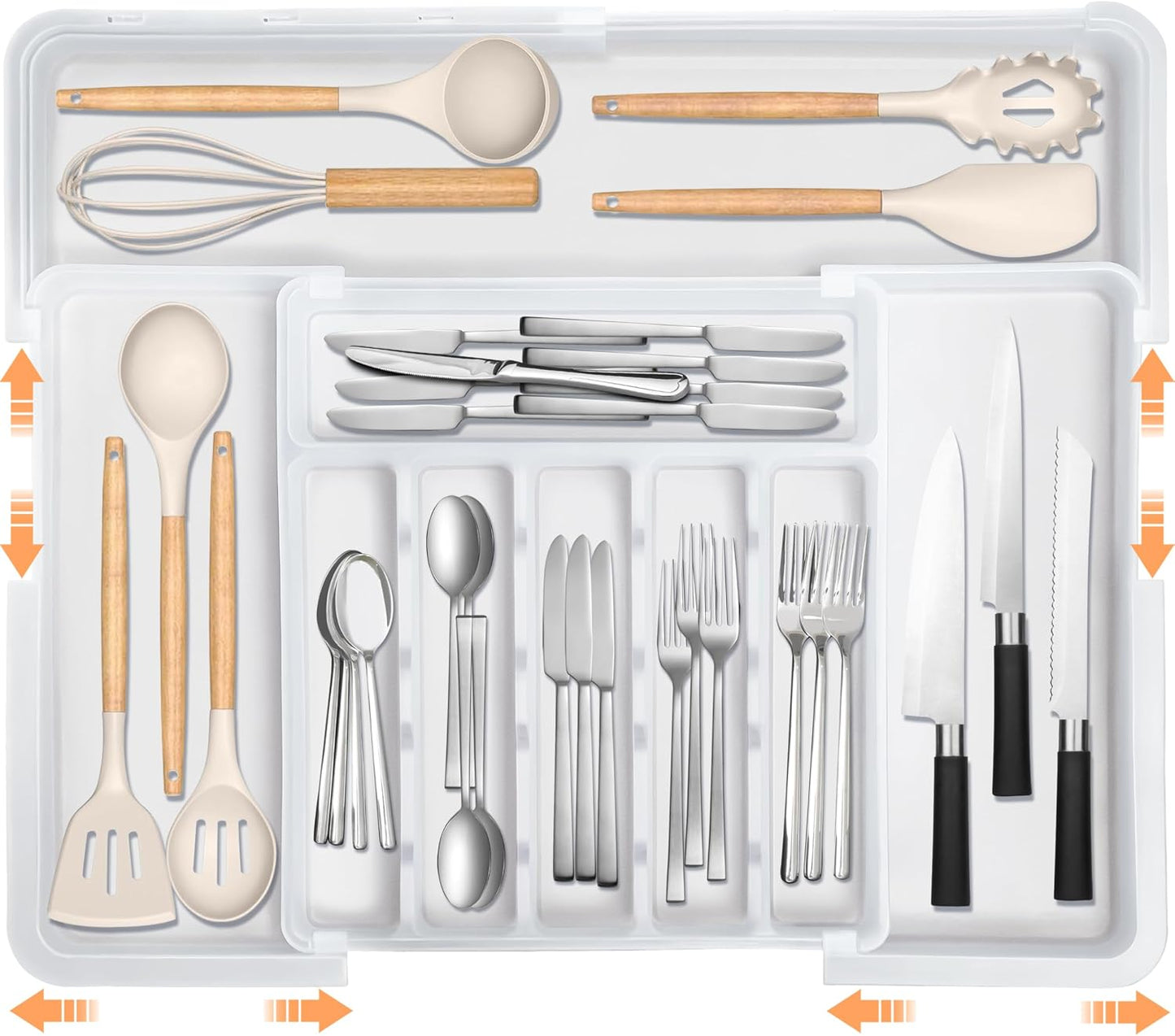 Large Silverware Drawer Organizer Expandable Kitchen Utensil Organizer BPA Free Flatware Cutlery Holder Tray Adjustable Plastic Drawer Divider Storage for Forks Knives 6-9 Slots White