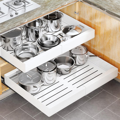 Kitstorack Pull out Cabinet Organizer, Expandable(12"-20") Heavy Duty Slide out Drawers Fixed with Adhesive Nano Film for Pots, Roll out Shelf Storage for Kitchen Base Cabinet Organization(White)
