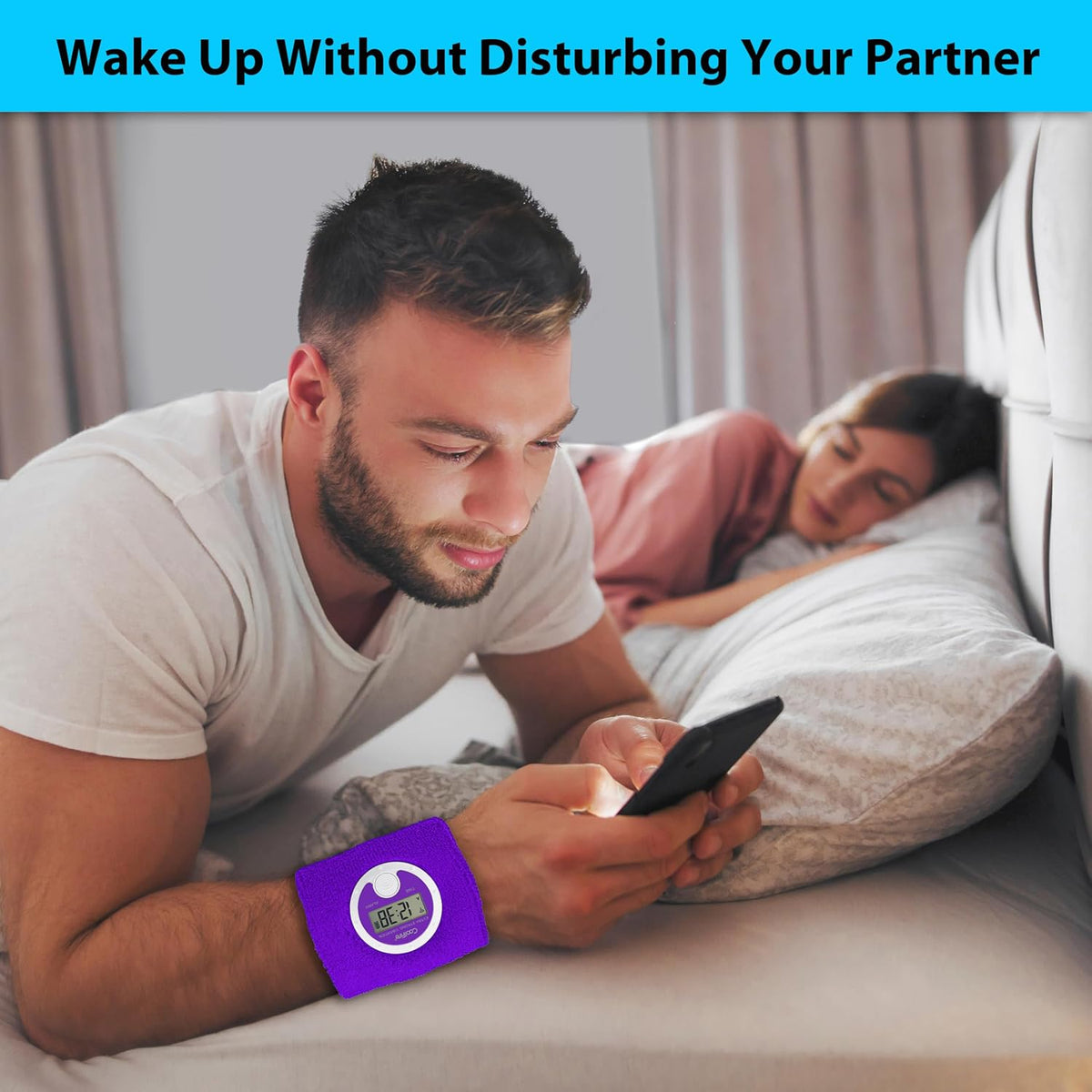 Coolfire Vibrating Alarm Clock Wristband, Silent Wake-Up Watch for Heavy Sleepers, Won’t Disturb Partner, Couples/Roommates, Deaf/Hearing Impaired, 4 Alarms, Bluetooth App, Rechargeable (Purple)