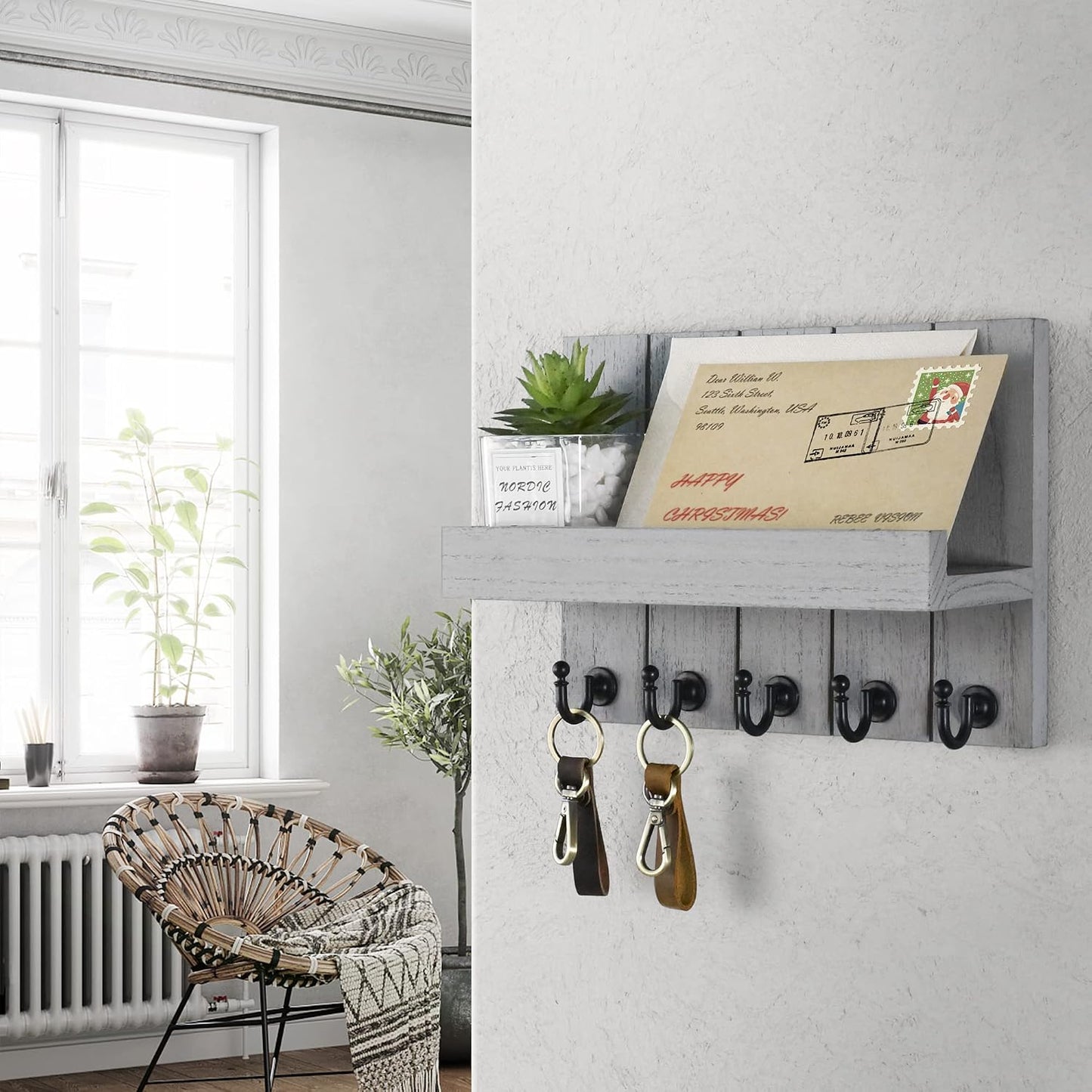 Rebee Vision Key Holder Wall Mount with 5 Key Hooks for Home Decor, Brown | 3.54'' x 10'' x 7.28'', Small Shelf for Display Plant, Key Hangers for Hat, Entryway Space-Saving Storage