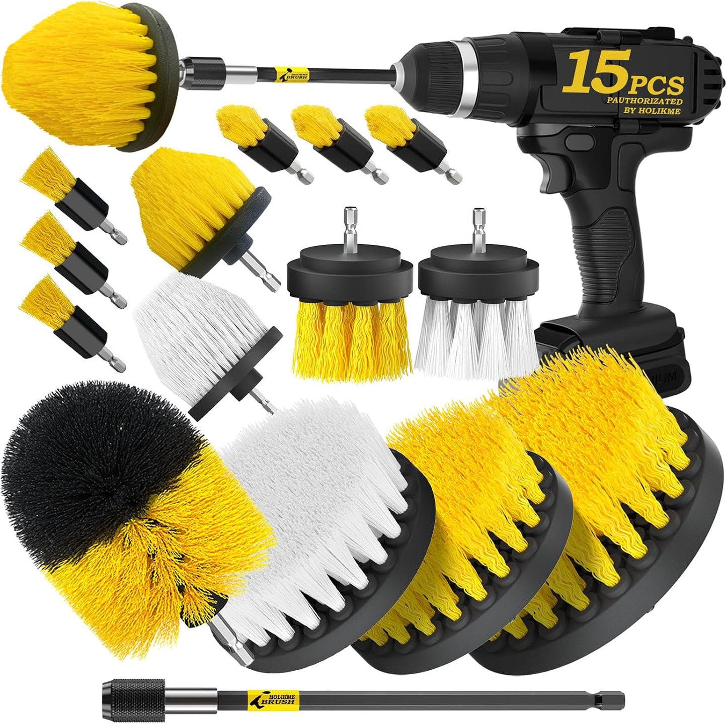 Holikme 15pcs Drill Brush Set, Power Scrubber Kit for Grout, Tile, Bathroom | 14 Nylon Brush Heads In Multiple Sizes, 1 Extended Reach Rod, for Tile, Tubs, Showers, Floors, Gaps and Kitchen Cleaning