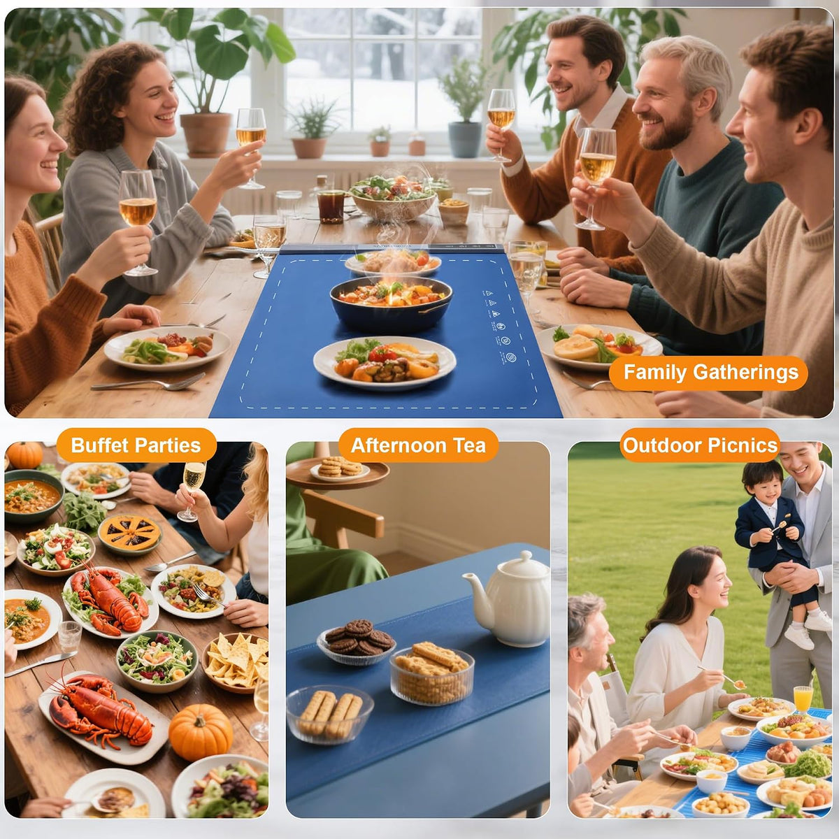 Warming Mat for Food,Food Warming Mat,1 Pack Electric Food Warmer Mat with Graphene Heating Tech, 3 Temperature Settings & 15 Timer Modes, Child Safety Lock, Silicone Heating Pad for Buffets Party