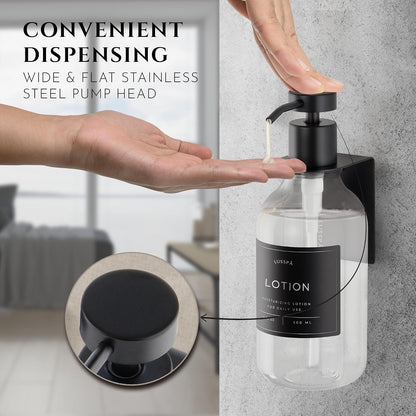 Shower Shampoo Dispenser Wall Mounted – 3 Refillable 16.9 oz Clear Bottles with Stainless Steel Pumps & No-Drill Adhesive Holders – Soap Dispenser Set for Bathroom (3 X Clear/Silver)
