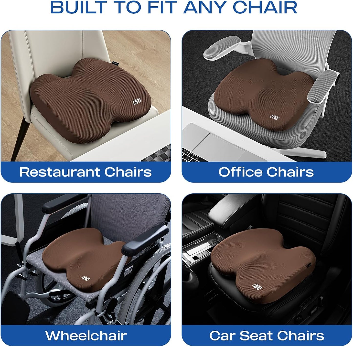 Skechers Seat Cushion, Ergonomic Memory Foam Cushion for Long Sitting Hours on Office & Home Chair, Car Seat Cushion for Sciatica, Coccyx Cushion,Brown