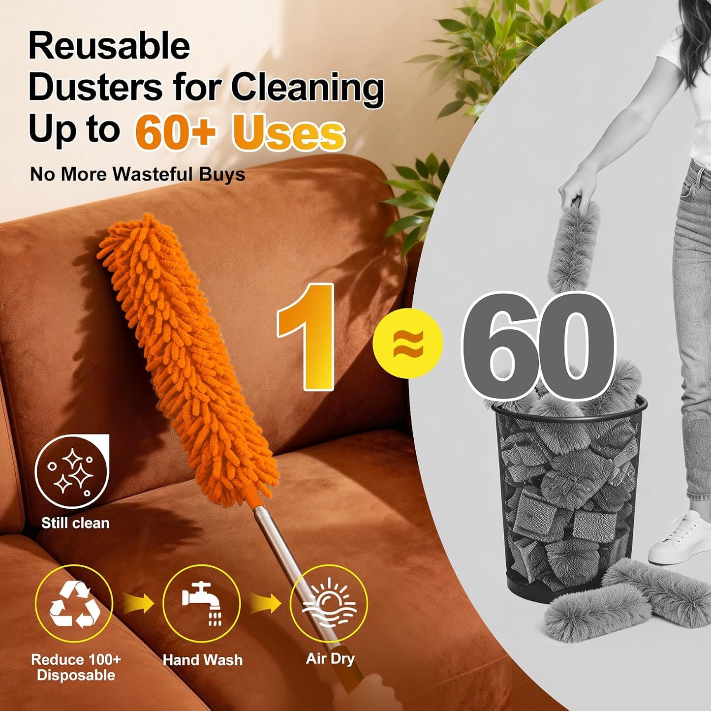Tiumso Microfiber Feather Duster 5-in-1 Kit, Dusters for Cleaning, Duster with Extension Pole 100 Inches, Cobweb Duster, Microfiber Dusters for High Ceilings and Fans, Blinds, Cars and Furniture