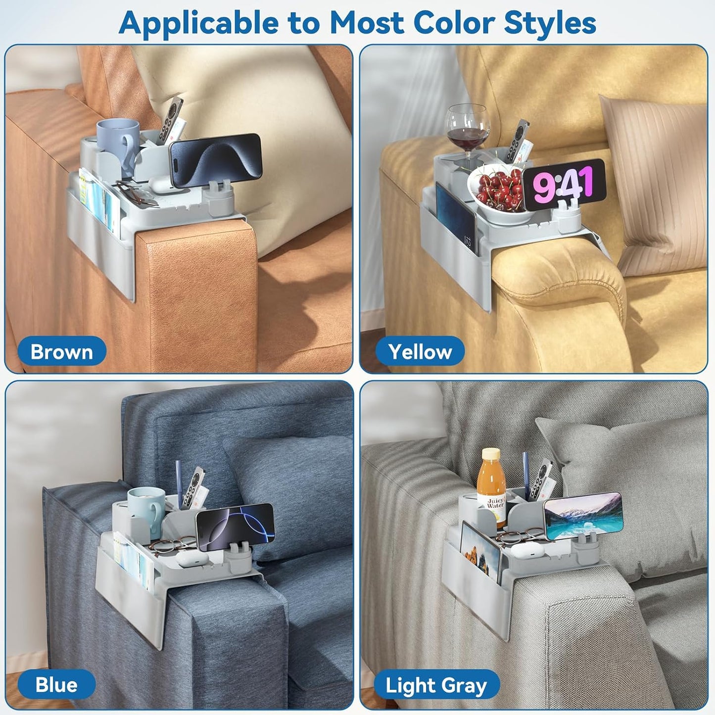 Couch Arm Cup Holder CLESOO Couch Arm Tray Anti-Slip Couch Cup Holder Silicone Sofa Armrest Tray Dual Side Pocket Couch Drink Holder Sofa Caddy Arm Remote Holder Snack Caddy with Phone Holder Blue