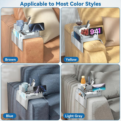 Couch Arm Cup Holder CLESOO Couch Arm Tray Anti-Slip Couch Cup Holder Silicone Sofa Armrest Tray Dual Side Pocket Couch Drink Holder Sofa Caddy Arm Remote Holder Snack Caddy with Phone Holder Blue