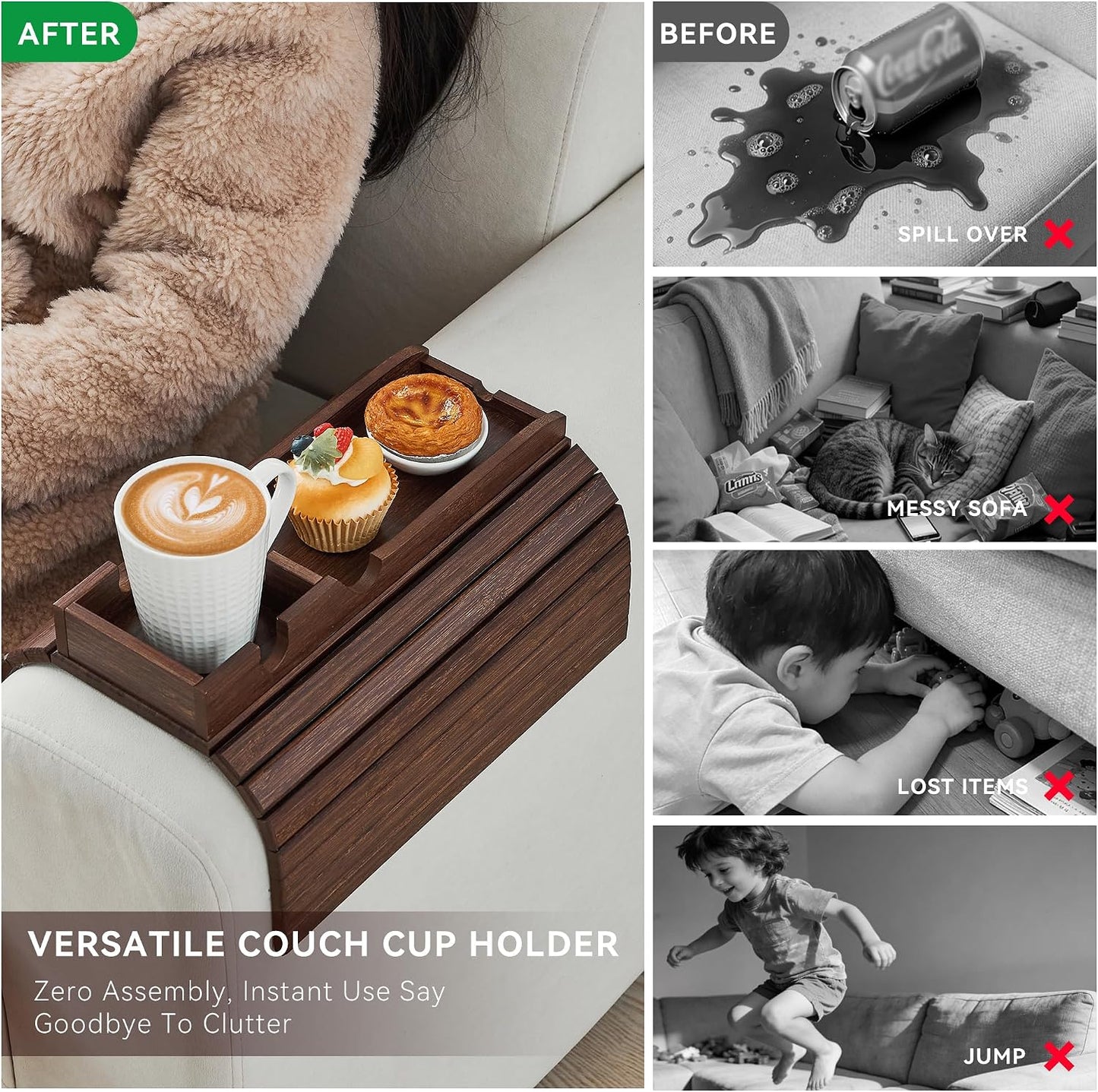 GEHE Bamboo Couch Cup Holder, Anti-Spill Sofa Arm Tray, Natural and Easy to Clean Couch Arm Cup Holder Armrest Tray Perfect for Cups, Beers, Snacks, Remote Control, Drinks