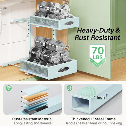 Under Sink Organizer, 2-Pack Pull Out Cabinet Organizer 2 Tier Metal Slide Out Storage Shelf Rack, L-Shaped Adjustable Height,Mesh Sliding Drawer for Kitchen, Bathroom, Laundry, Pantry, White, XL