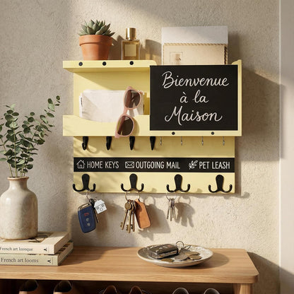 Key Holder for Wall Mount with Shelf and Mail Organizer, Key and Mail Holder with 16 Hooks, Farmhouse Entryway Organizer, Home Decor Rack (Pine Wood, White Washed)