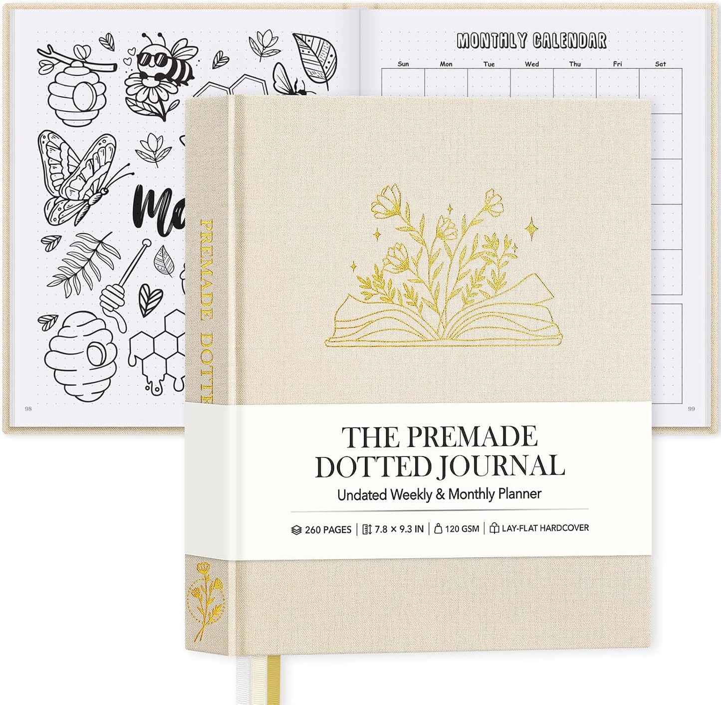 Everloria Premade Dotted Journal Notebook, 12 Months Pre-made Bullet Templates, 260 Hand-Drawn Coloring Pages, Undated Weekly & Monthly Planner, 7.8"x9.3" Linen Dot Grid Mood Habit Tracker, Lilac