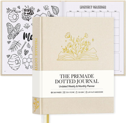 Everloria Premade Dotted Journal Notebook, 12 Months Pre-made Bullet Templates, 260 Hand-Drawn Coloring Pages, Undated Weekly & Monthly Planner, 7.8"x9.3" Linen Dot Grid Mood Habit Tracker, Lilac
