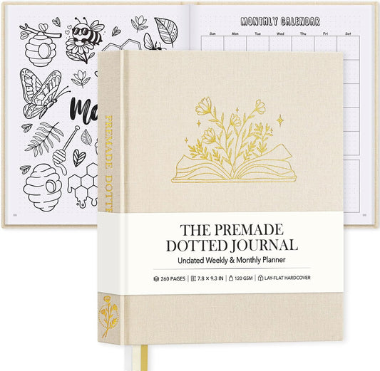 Everloria Premade Dotted Journal Notebook, 12 Months Pre-made Bullet Templates, 260 Hand-Drawn Coloring Pages, Undated Weekly & Monthly Planner, 7.8"x9.3" Linen Dot Grid Mood Habit Tracker, Lilac